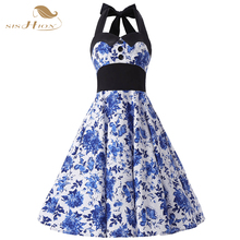 Sishion vestido de verão feminino, azul e branco, estampa floral 50s, vestido vintage plus size vd0251 2024 - compre barato