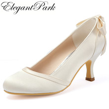 Woman shoes wedding bridal Mid heel White Ivory Round Toe Bows slip on  Satin lady girls bride prom party evening pumps HC1804 2024 - buy cheap