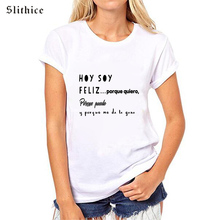 Slithice camiseta feminina com estampa escrita, camiseta feminina casual de algodão estilo espanhol com manga curta para o verão, branca e preta 2024 - compre barato