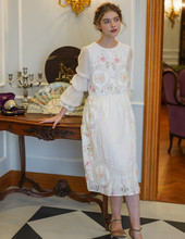 Spring Women Vintage Elegant White Cotton Midi Dress Original Design Handmade Limited Edition Antique Crochet Embroidered Dress 2024 - buy cheap