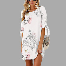 Women Lady Floral Printing Summer Half Sleeve Bow Decoration Bandage Polyester Striaght Casual O-Neck Short Mini Dress 10Jul 5 2024 - buy cheap
