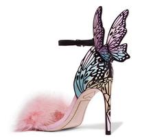 Butterfly Wing Sandals Women High Heel Woman Shoes Stiletto Heels Pink Fur Decor Sandals Colorful Thin Heels Wedding Bride Shoes 2024 - buy cheap