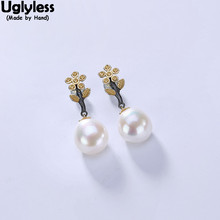 Uglyless Elegant Women Natural Pearls Earrings Baroque Style Gemstone Earrings Solid 925 Silver Fine Jewelry Black Gold Flower 2024 - buy cheap