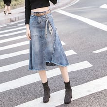 Весенняя Асимметричная джинсовая юбка, женская летняя юбка с высокой талией и поясом, с кисточками, джинсы Midi, уличная одежда, Faldas размера плюс 4XL 5XL 2024 - купить недорого