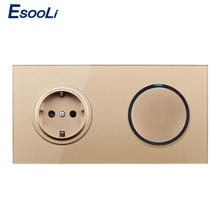 Esooli Golden Crystal Glass Panel 16A EU Russia Standard Wall Power Socket 1 Gang 1 Way On / Off Light Switch LED Indicator 2024 - buy cheap