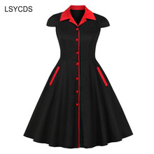 LSYCDS Vintage Black Dresses Rockabilly Turn-down Collar Short Sleeve Knee-length Dresses Casual Office Party Retro Women Dress 2024 - buy cheap