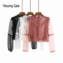Женская кружевная блузка Young Gee, Весенняя блузка с длинным рукавом-фонариком, 2018 2024 - купить недорого