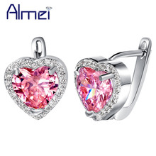 Almei 5% Off Fashion Heart Brincos Silver Color Pink Heart Earrings for Women Wedding Bridal Stud Earring Pink Red Stones R719 2024 - buy cheap