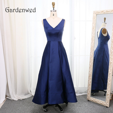 Gardenwed Deep Blue Tea Length Evening Dress 2019 Pleat V Neck Backless Satin A Line Formal Dress Party Women Gown 2024 - buy cheap