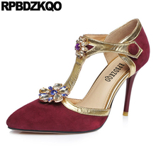 women rhinestone scarpin jewel suede flower female crystal high heels shoes luxury pointed toe pumps wine red t strap diamond 2024 - buy cheap
