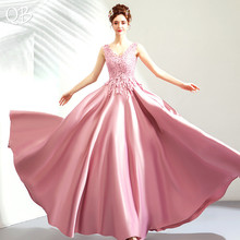 Pink  A-line V-neck Satin Lace Appliques Long Formal Elegant Evening Dresses Bride Banquet Party Prom Dress XS03 2024 - buy cheap