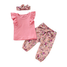 Baby Girls Clothes Set 2019 Newborn 3pcs Toddler Kid Outfits Ruffle Short Sleeve Top+Knot Flower Pants+Headband Infant Clothing 2024 - buy cheap