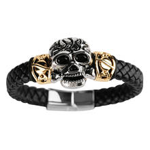 Fashion Alloy Skeleton Black Genuine Leather Bracelet Bangle for Men Skull Head Charm Chain New Arrival Jewelry for Gifts 2024 - buy cheap