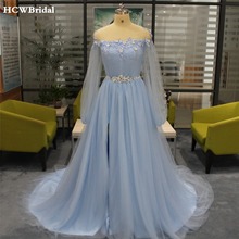 Vestido de noche de manga larga para mujer, traje azul claro de encaje con perlas divididas altas, vestidos de gala de encaje, vestidos de ocasión hechos a medida 2024 - compra barato