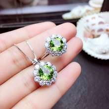 Natural green peridot Ring Pendant Natural olivine Jewelry Set 925 Silver fashion round Sun flower Women party gift fine jewelry 2024 - buy cheap