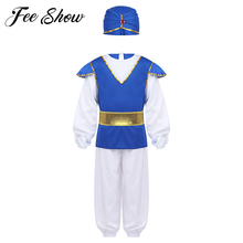 Kids Boys Arabian Prince Costumes Long Sleeves Tops with Pants Belt Hat Children's Set for Halloween Dress Up Cosplay Party 2024 - buy cheap
