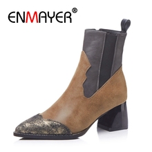 Enmayer botas curtas femininas cr1213, sapatos casuais de salto alto grosso pontudo e com zíper preto 2024 - compre barato