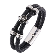 Punk Men Bracelet Trendy Double Layer Braided Leather Bracelet Skull Spades Stainless Steel Magnetic Clasp Male Jewelry SP0327 2024 - buy cheap