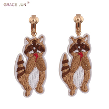 GRACE JUN High-grade Cloth Embroidery Bear Shape Clip on Earrings No Pierced for Women Elegant Ear Cuff Earrings Best Jewelry 2024 - buy cheap