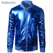 Jaqueta metálica azul brilhante, jaqueta masculina de marca para noite, clube hip hop, zíper, gola alta, leve, bomber de beisebol, casaco 2024 - compre barato