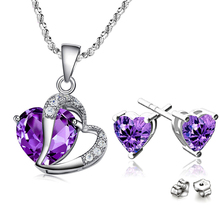 Real 925 Sterling Silver Romantic Purple Love Heart Pendant Necklace Earrings Fashion Wedding Jewelry Sets Valentines Day Gifts 2024 - buy cheap