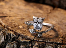 Búho anillo de cristal de las mujeres chica de plata Retro pulido anillo Animal 2024 - compra barato