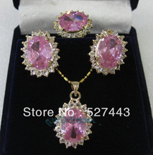 Wholesale free shipping >>New pink zircon crystal pendant necklace ring Size:8# earrings set 2024 - buy cheap