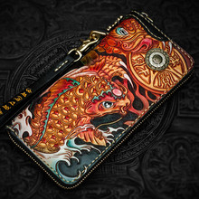 Handmade Genuine Leather Wallets Carving Carp Bag Purses Women Men Clutch Vegetable Tanned Leather Wallet Christmas Gif Get Rich 2024 - buy cheap