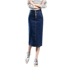 Женская длинная джинсовая юбка 2017, длинная эластичная джинсовая юбка с разрезом сзади в Корейском стиле, осенне-зимняя джинсовая юбка с высокой талией и запахом 2024 - купить недорого