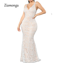 Ziamonga V-Neck Illusion Back Mermaid Evening Dress 2019 Vestidos De Festa Largos Elegantes De Gala Lace Long Prom Party Dresses 2024 - buy cheap