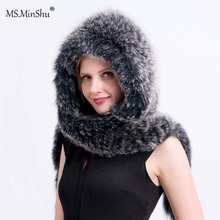 Ms. minshu chapéu de pele de raposa com cachecol tricotado à mão, cachecol de pele de raposa real, chapéu fashion para mulheres de inverno, chapéu de pele grossa 2024 - compre barato