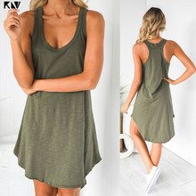 KLV Women Sleeveless Loose Casual Solid Color Dress Summer Swing Mini Sundress Shirtdress 2024 - buy cheap