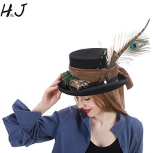 15CM Top Black Women Wool Steampunk Top Hat For Lady Handmade Glasses Gear Feather Fedora Hat 4 Size Steampunk Hat 2024 - buy cheap