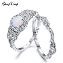 Anillo para mujer RongXing Vintage corte redondo anillo de ópalo de fuego blanco Sets para mujeres Color plateado CZ hoja de onda piedra de nacimiento anillo doble RS0229 2024 - compra barato