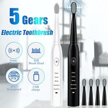 Cepillo de dientes eléctrico inteligente de 5 velocidades, limpiador de dientes impermeable, recargable por USB, temporizador, con 4 cabezales de repuesto 2024 - compra barato