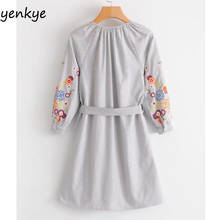 2018 Spring Autumn Women Gray Striped Dresses V Neck With Belt Floral Embroidery Long Sleeve Dress Casual Vestidos Mujer SYJZ128 2024 - buy cheap