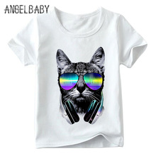 Boys and Girls Hip Hop DJ Cat Print Funny T shirt Kids Summer White Tops Children Casual T-shirt,ooo129 2024 - buy cheap