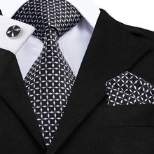 White Black Plaid Tie Hanky Cufflinks Sets Men's 100% Silk Ties for men Formal Wedding Party Groom SN-527 2024 - buy cheap