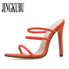 JINGKUBU 2019 Summer New Shoes Woman Lycra Fluorescent Mules Glitter Peep Toe Slides High Heel Slippers Slip On Fashion Sandals 2024 - buy cheap