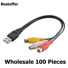 Wholesale 100 Pieces/lot 2.0 HDTV TV M/F Converter Cable USB Male To 3-RCA Female AV Cord Video Adapter 2024 - compre barato