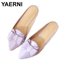 YAERNI Shoes Woman Pointed toe Slides Betterfly knot Mules Patent leather Flats Slippers Ladies Sandals Big size apricot pink 2024 - buy cheap