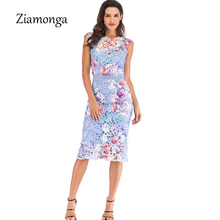 Ziamonga Лето 2019 г. полный кружево Vestidos для женщин с круглым вырезом без рукавов по колено карандаш платье элегантные офисн 2024 - купить недорого