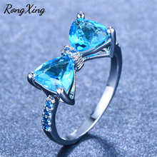 Rongxing bonito bowknot aqua azul zircon anéis de noivado para as mulheres cor prata cz pedra anel feminino cristal jóias de casamento 2024 - compre barato