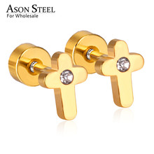 ASONSTEEL-pendientes de tuerca con forma de cruz para mujer, aretes de acero inoxidable con forma de cruz de oro y circonita cúbica, joyería religiosa, venta al por mayor 2024 - compra barato