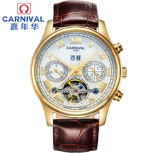 2016 New Carnival tourbillon automatic mechanical full steel militery watch mens genuine leather waterproof male luxury watches 2024 - buy cheap