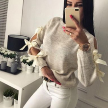 Hollow Out Long Sleeve Warm Knitting Sweater Sexy Pullover Women Bow Loose O-Neck Tops Knitwear Jumper Pull Femme New 2024 - buy cheap