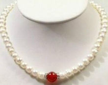 2014 nueva moda movimiento envío libre 7-8mm Blanco Perlas Cultivadas de akoya Collar de jade rojo 18 "BV50 2024 - compra barato
