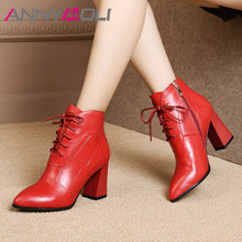 ANNYMOLI Winter Ankle Boots Women Natural Genuine Leather Square High Heel Short Boots Pointed Toe Shoes Female Autumn Size 4-10 2024 - buy cheap