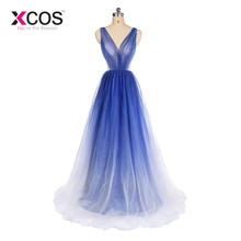 XCOS Ombre Blue Prom Dresses 2018 New Arrival Long Tulle Party Dress Floor Length Backless Sexy Evening Gowns for Women 2024 - buy cheap