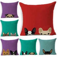Funda de almohada de lino con estampado de gato y perro, cobertor de almohada decorativo para sofá y coche, 45x45cm 2024 - compra barato